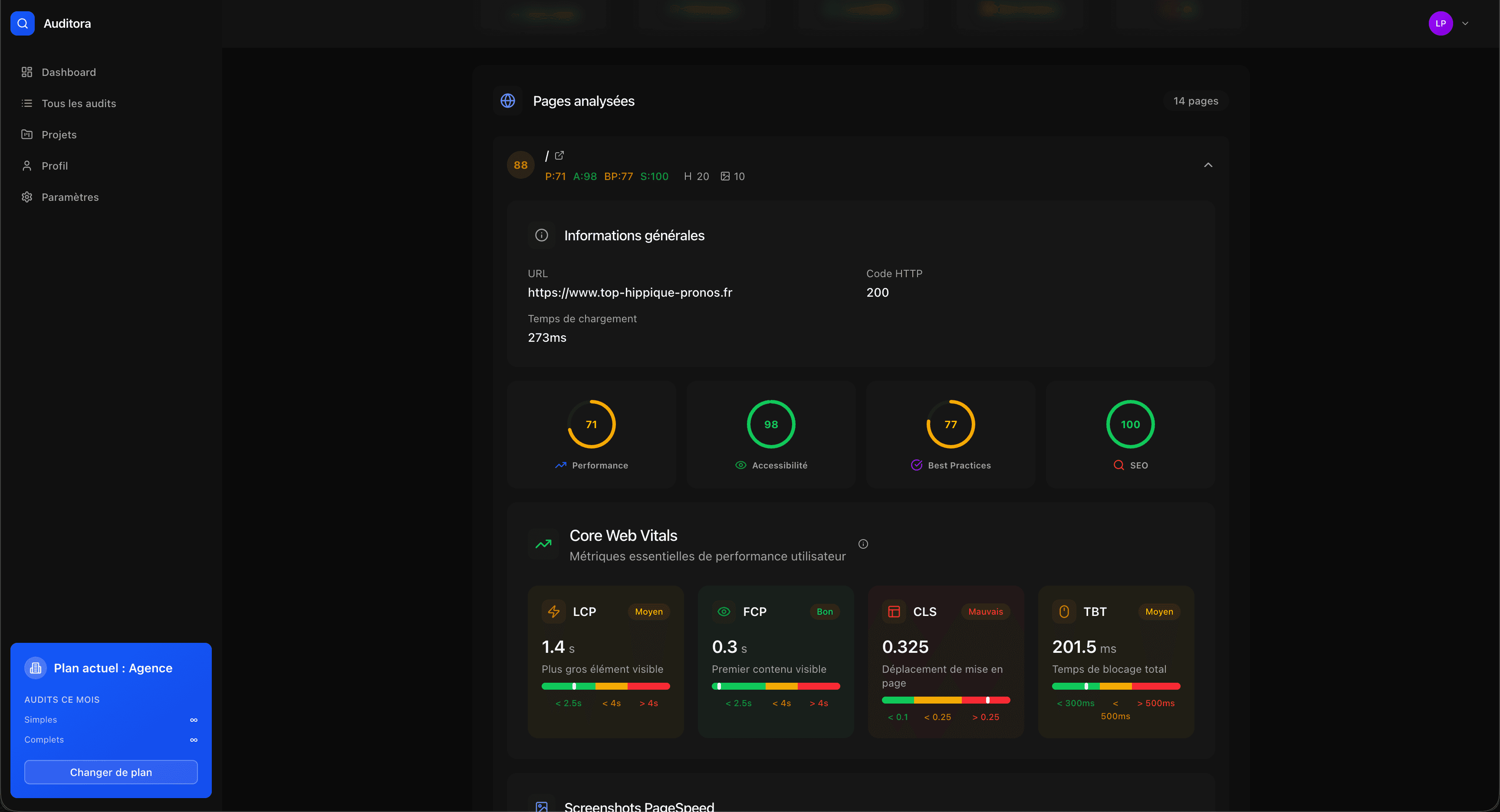 Apercu du dashboard Auditora — Audit SEO avec scores PageSpeed, Core Web Vitals et analyse de pages
